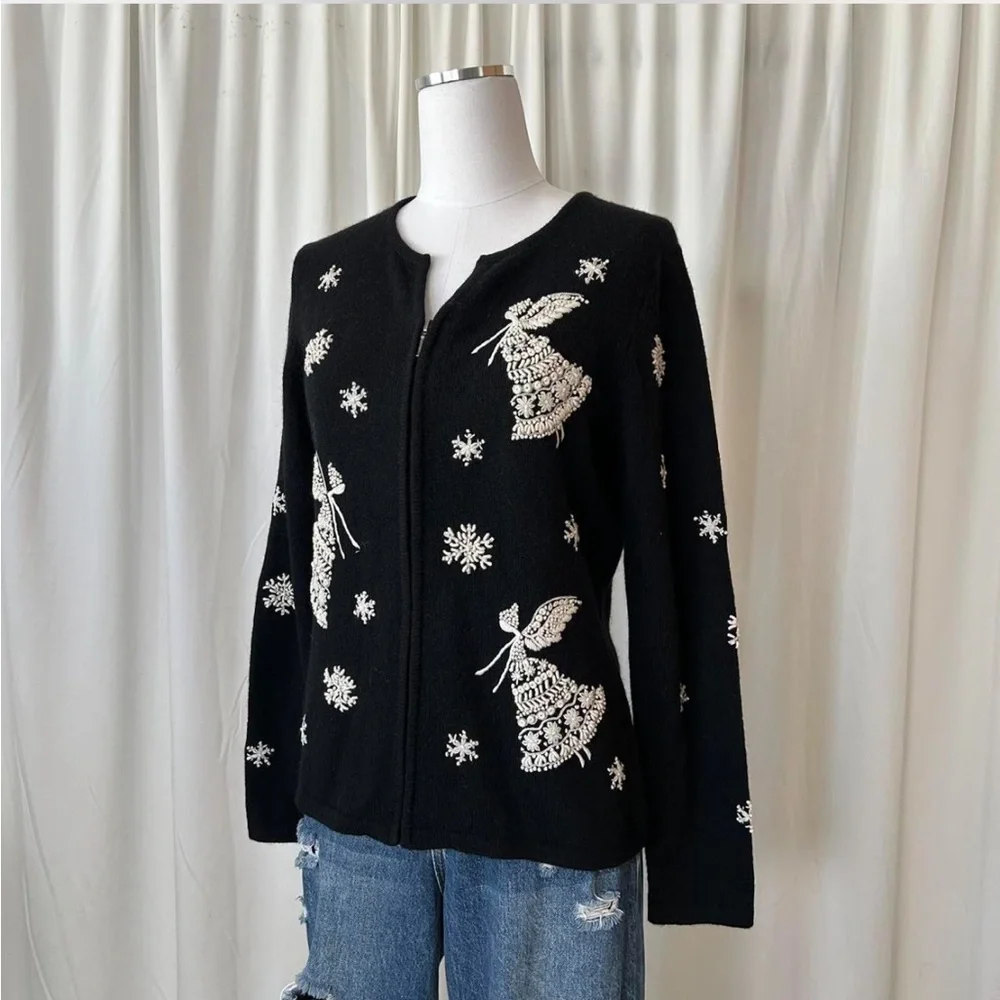 Vintage 1990s Talbots Black and white snow angel wool cardigan sweater size M - Picture 4 of 8